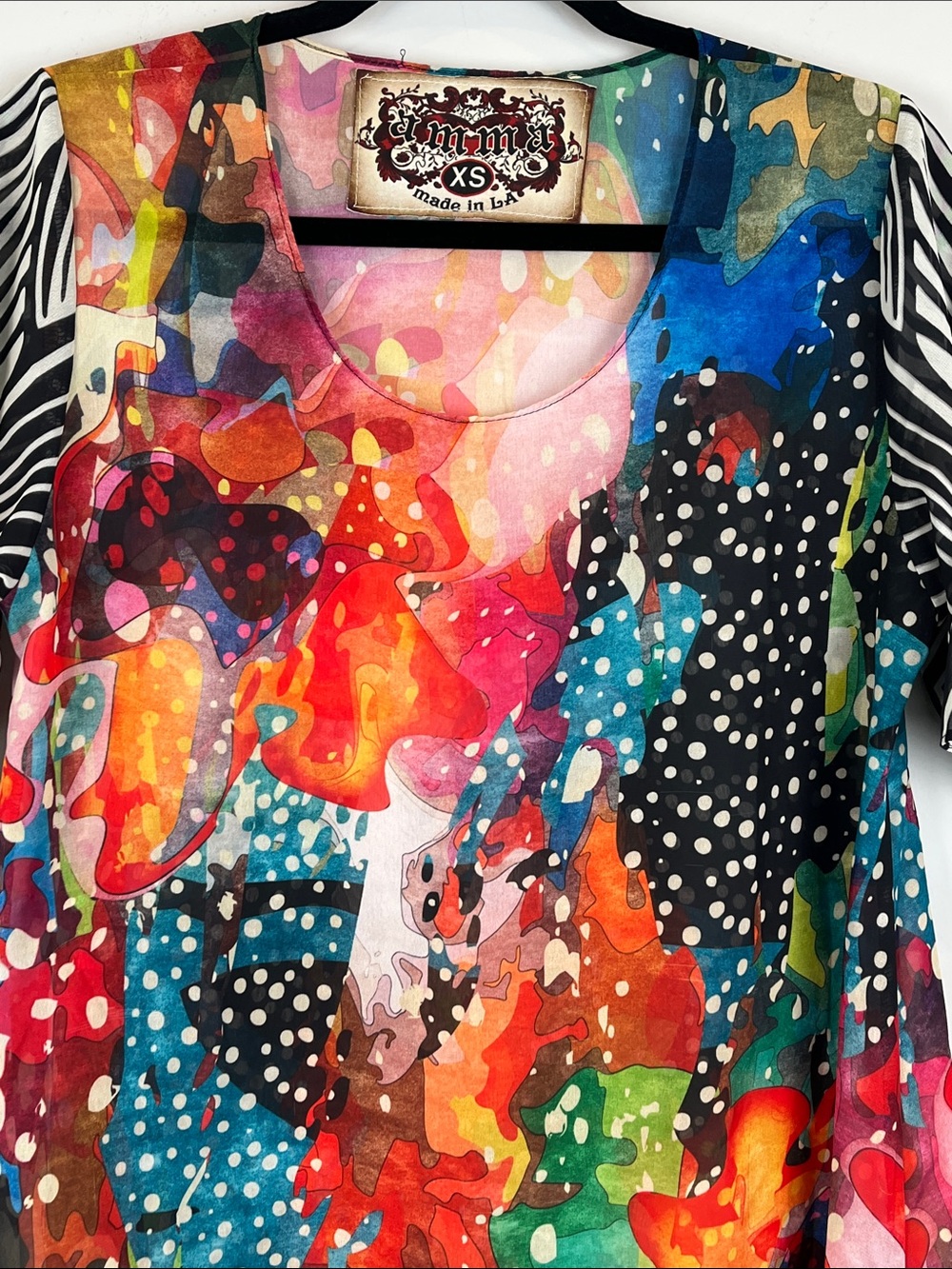 Amma Made in LA Colorful Abstract Print Sheer Scoop Neck Tunic Top Size XS - Picture 2 of 8